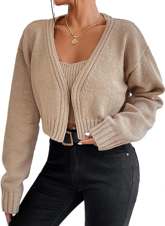Women's 2 Piece Sweater Set Long Sleeve Cropped Cardigan Sweater Crop Top Set | Amazon (US)