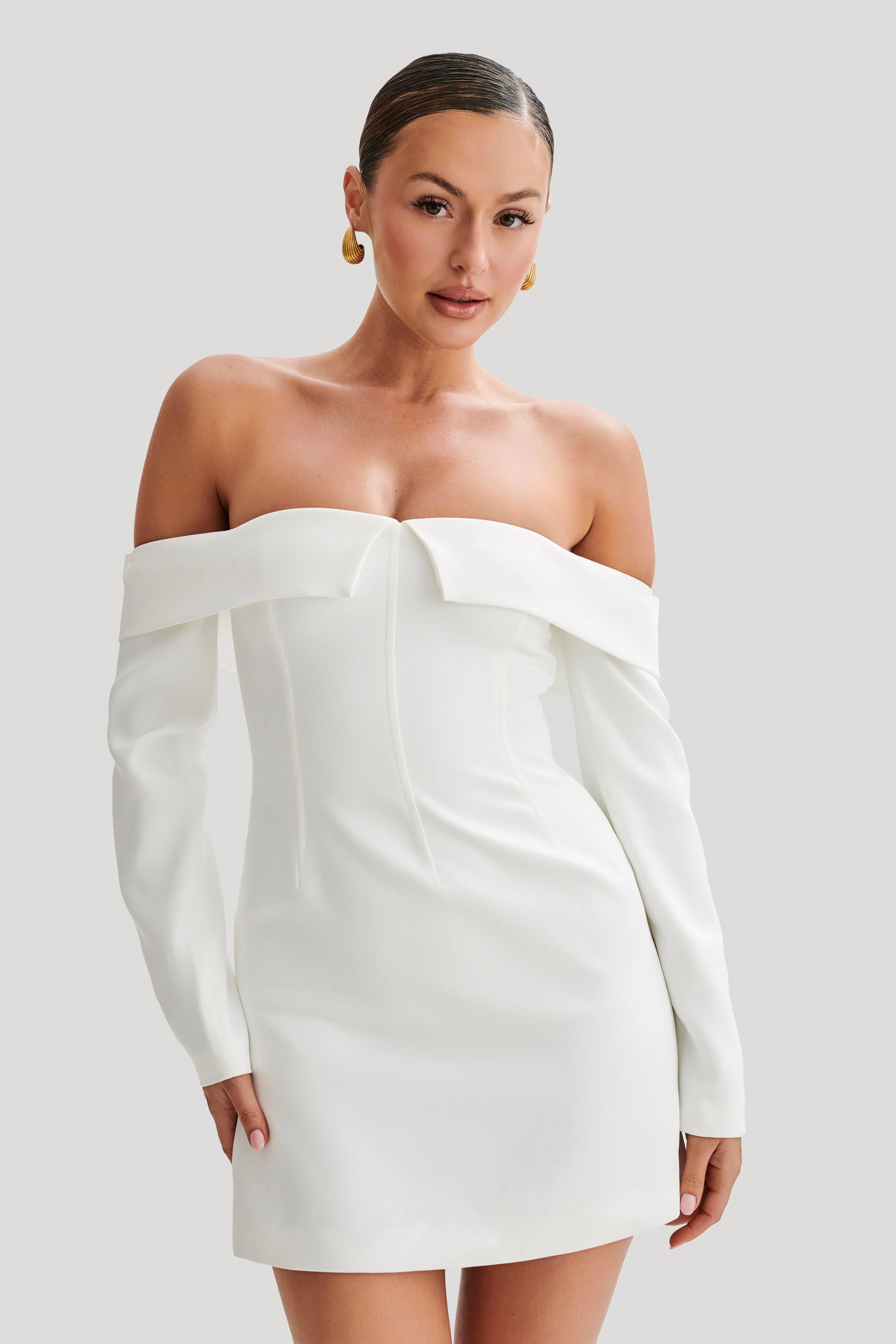Hugo Suiting Off Shoulder Mini Dress - Ivory | MESHKI US