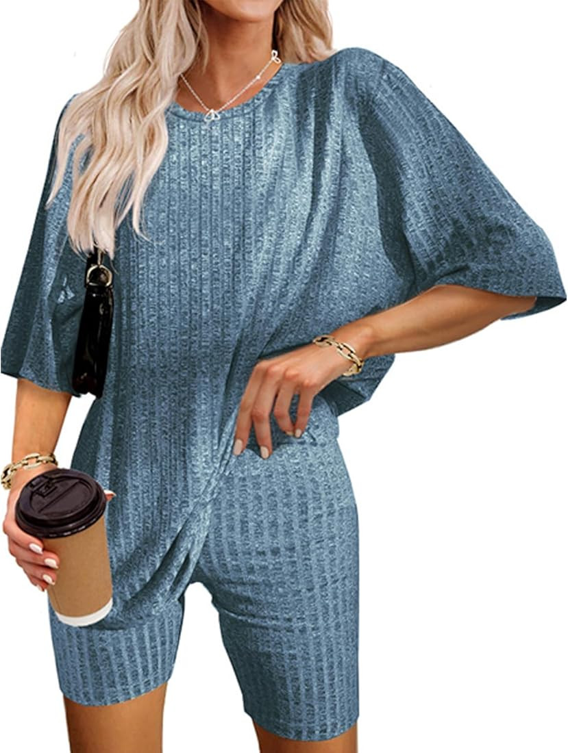 Ribbed Knit Lounge Set for Women Pajama Set 2 Piece Outfits Oversized T-Shirt and Biker Shorts Se... | Amazon (US)