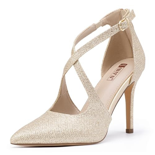 IDIFU Gold Glitter Strappy Heels: Women's Pumps - Stiletto, Wedding, Bridal, Office, Prom Dress Shoes - Sparkly, Dressy, Pointed Toe, Zip Pumps (11) | Amazon (US)