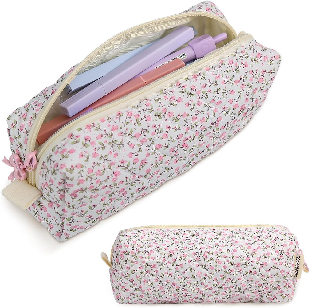 Cute Quilted Pencil Case for Girls Women, Aesthetic Small Floral Pencil Pouch,Slim Soft Pencil Ba... | Amazon (US)