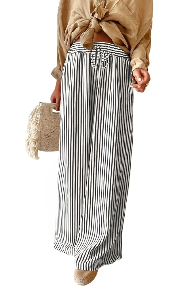 Acelitt Women Casual Drawstring Elastic Waist Striped Wide Leg Pants with Pockets, S-XXL | Amazon (US)
