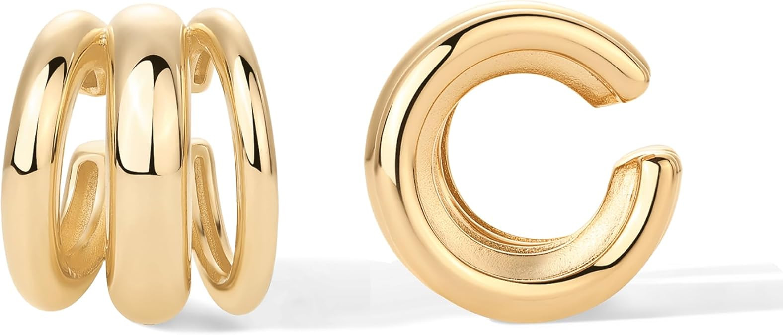 PAVOI 14K Gold Plated Trendy Chunky Triple Ring Ear Cuffs for Women | Statement Earring Pair | Amazon (US)