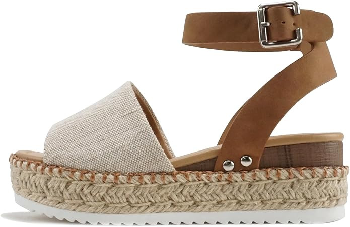 Soda Topic Open Toe Buckle Ankle Strap Espadrilles Flatform Wedge Casual Sandal | Amazon (US)