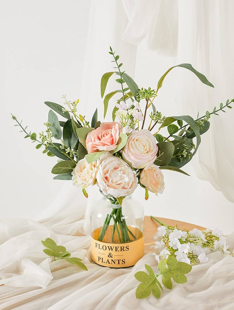 Anna's Whimsy Artificial Flowers with Vase Pink Roses Peonies Silk Flowers in Vase Faux Floral Ce... | Amazon (US)