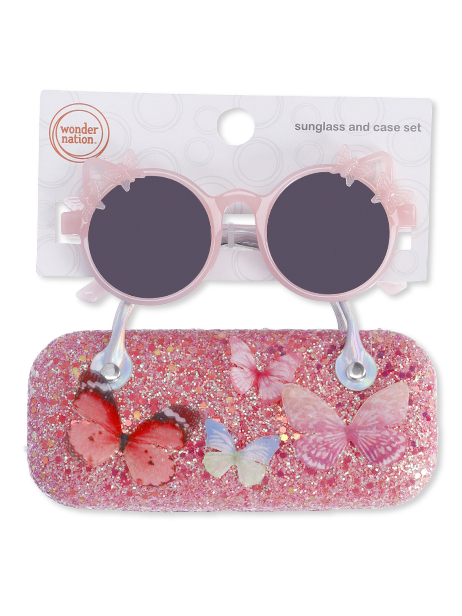 Wonder Nation Kids Round Butterfly Sunglasses with Coral Glitter Butterfly Carrying Case | Walmart (US)
