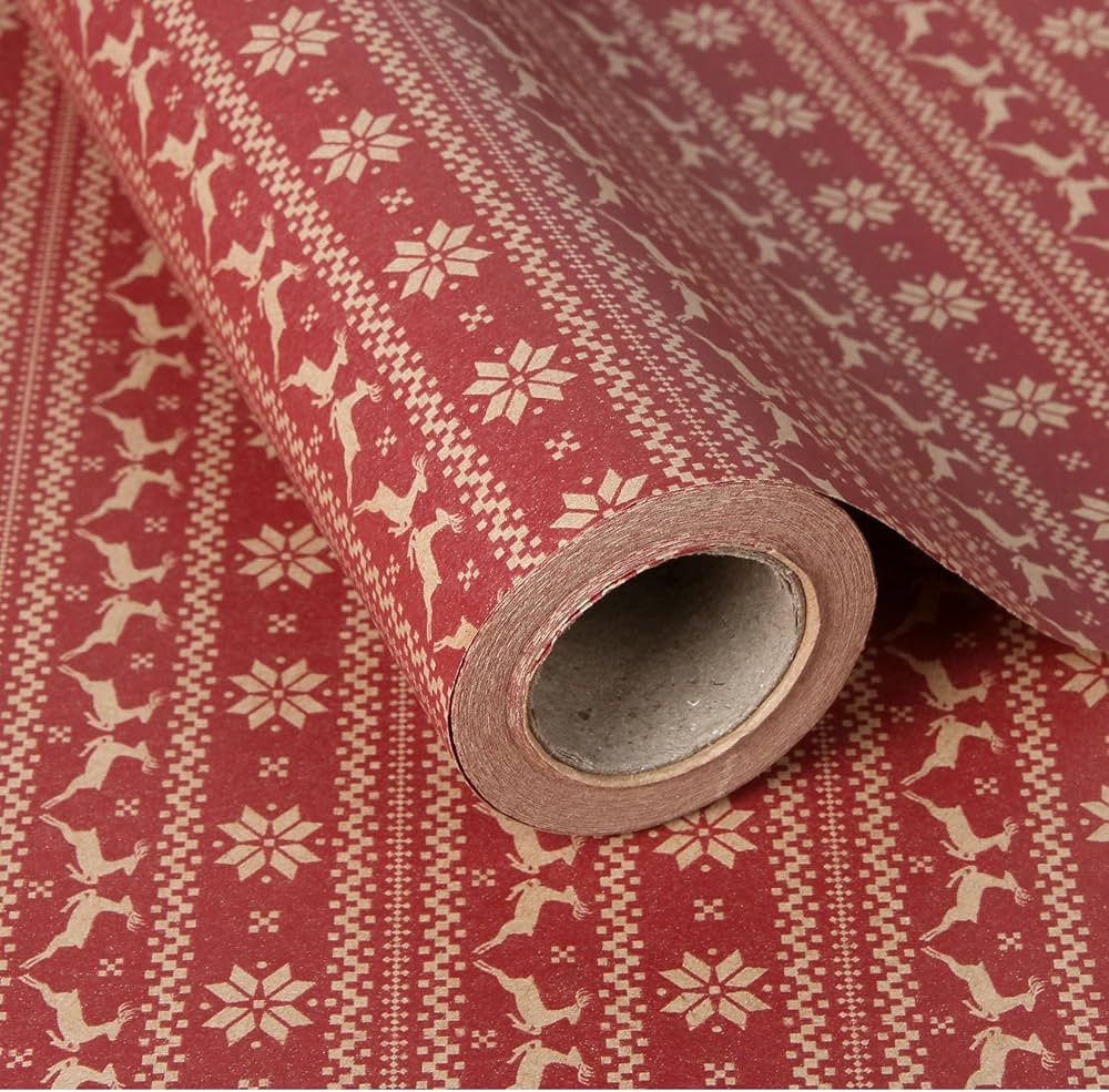 Aimyoo Kraft Christmas Wrapping Paper Jumbo Roll, Red Stripe Reindeer Snowflakes Design, Xmas Gif... | Amazon (US)