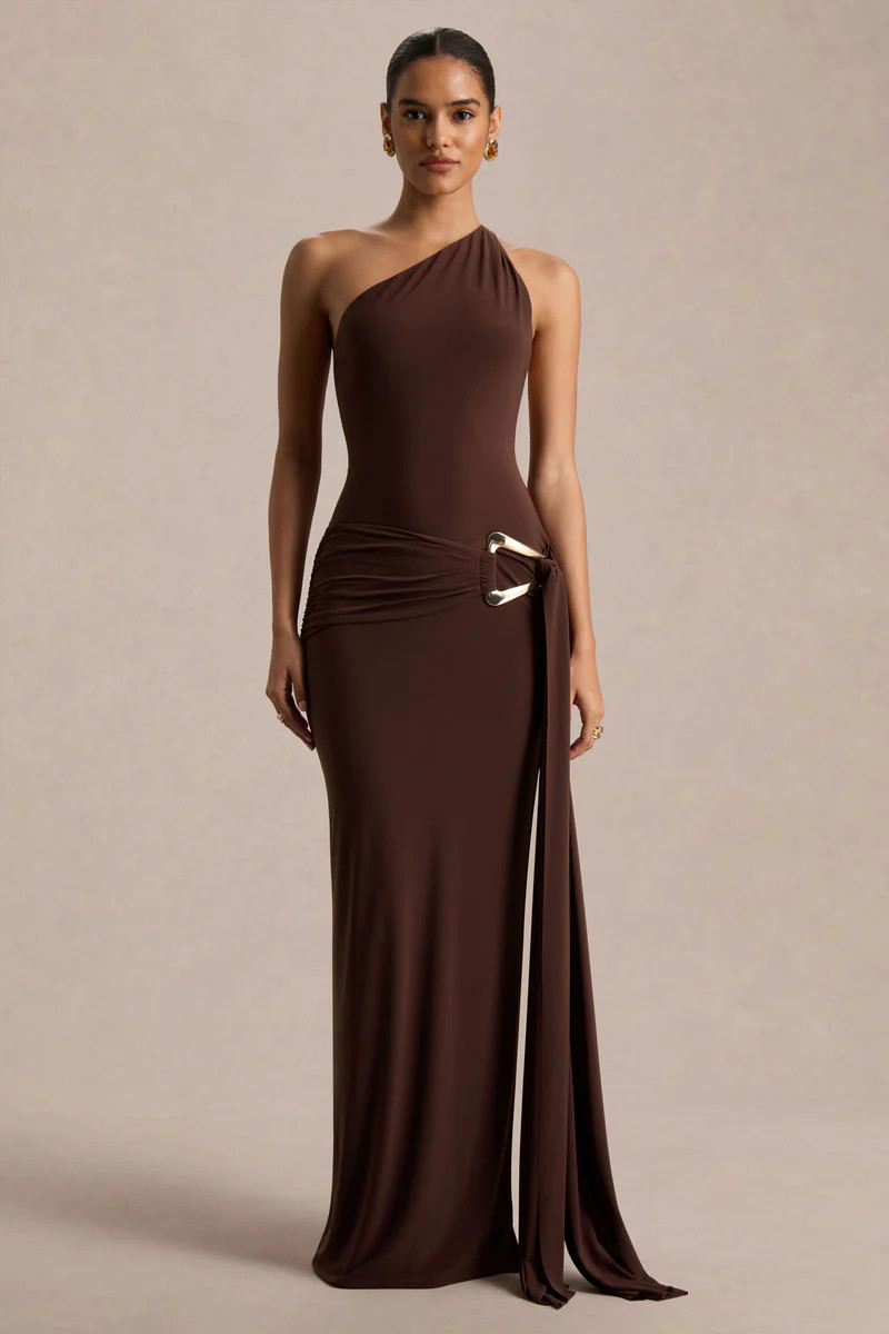 Bonnie  Brown Asymmetric-Neck Maxi Dress With Open-Back | Club L London