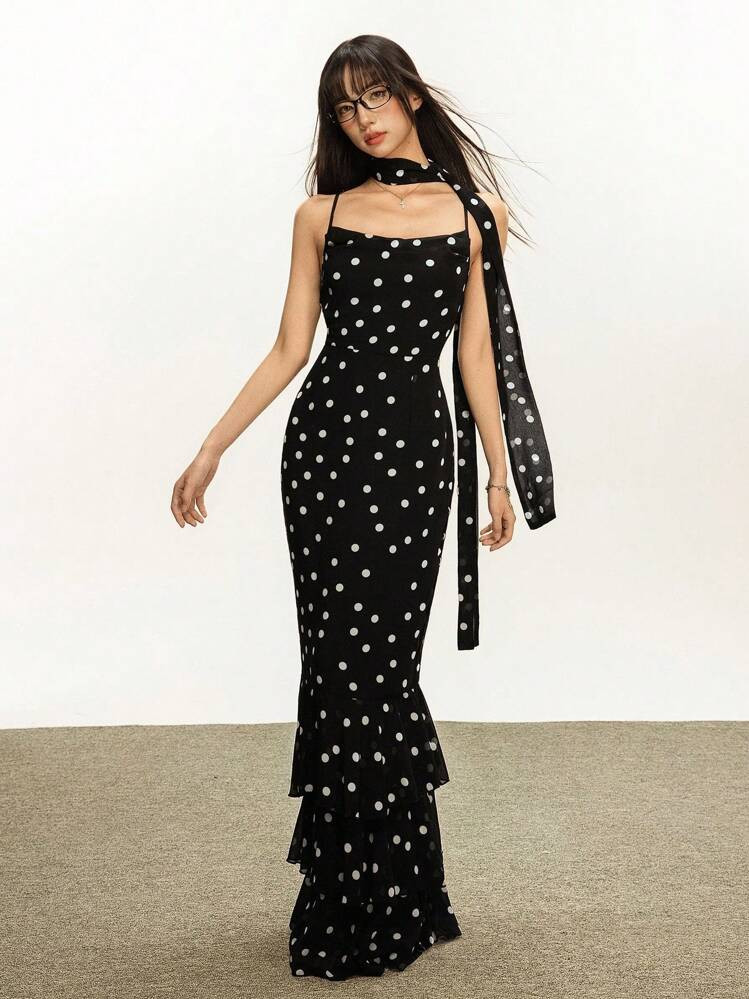 Rina Fox Women's Fitted Polka Dot Slip Dress With Elegant Flounced Hem | SHEIN