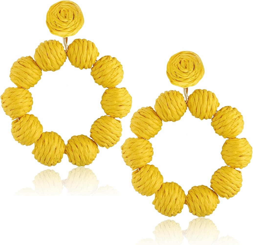 Statement Raffia Earrings for Women Girls Boho Rattan Ball Hoop Dangle Earrings Handmade Bohemia ... | Amazon (US)