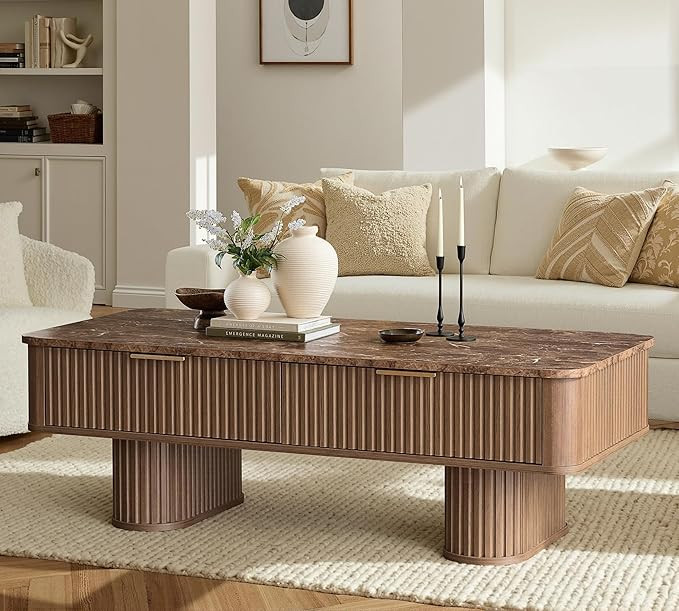 Win2win Fluted Coffee Table with Storage, Mid Century Modern Coffee Table with Faux Marble Top, M... | Amazon (US)