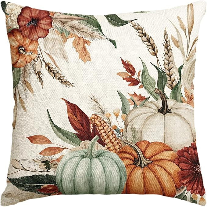 AVOIN colorlife Fall Pumpkin Leaves Wheat Corn Pillow Cover, 18 x 18 Inch Seasonal Thanksgiving H... | Amazon (US)