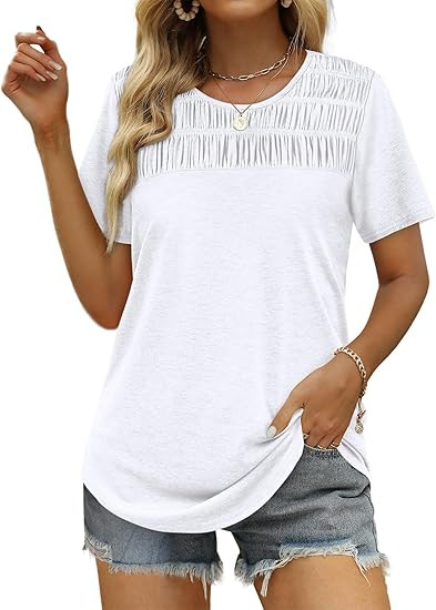OFEEFAN Women's Summer Tops 2025 Trendy Short Sleeve Shirts Smocked Crewneck Tee | Amazon (US)