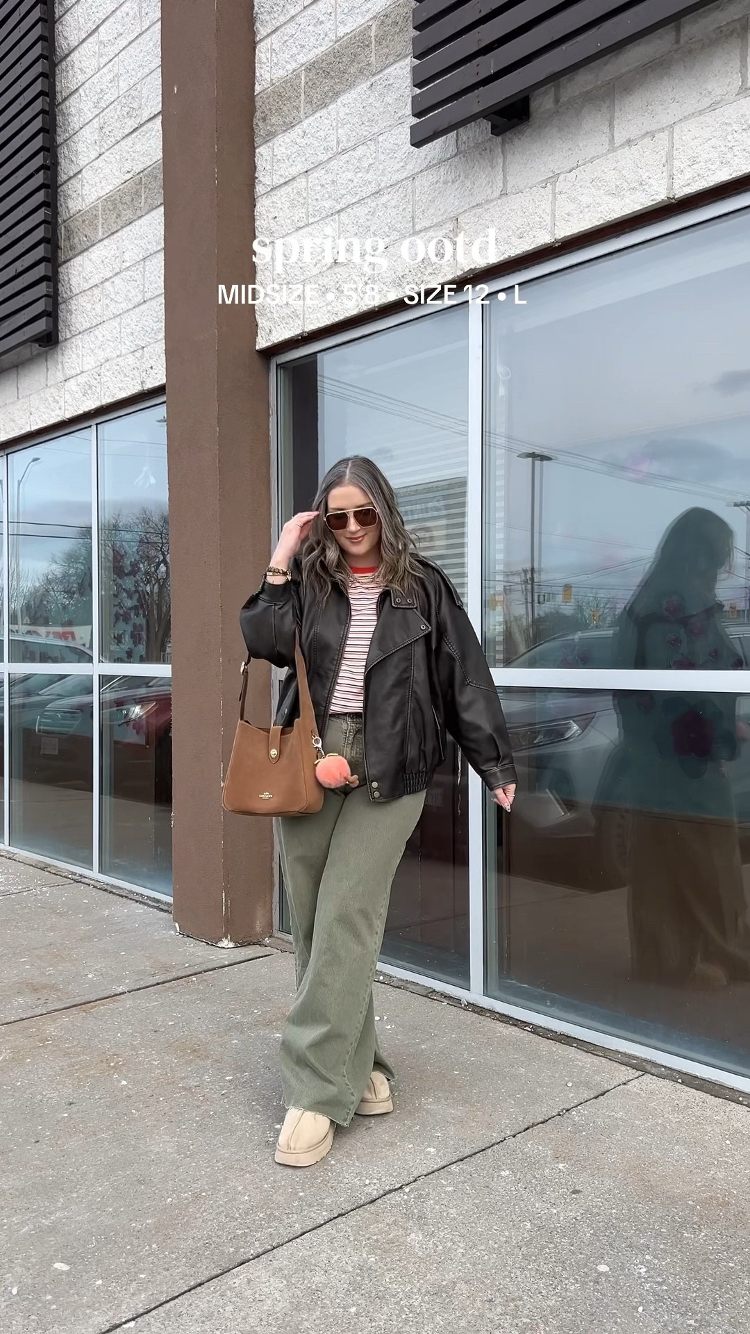 Easy spring outfit! Wearing my usual size L in the leather jacket. Sized up to XL in the striped tee since I have a larger chest and didn’t want it tight. Wearing 32 long in the olive jeans (the long length was a bit too long for me, reg was too short, so I cut the hem for a custom length! Ugg Tazz platforms fit TTS. I wear this coach bag constantly, and the jellycat peach bag charm is so fun for spring!


#LTKstyletip #LTKjeans #LTKmidsize