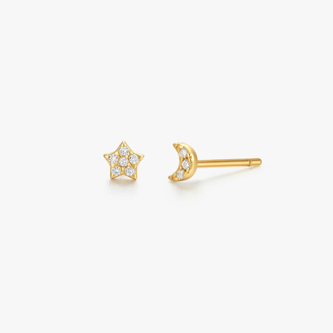 Crystal Moon + Star Sterling Studs in Gold | Flaire & Co.