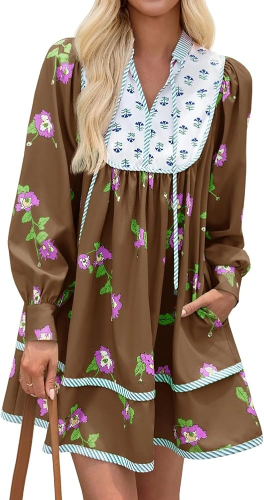 Wenrine Womens Casual Floral Mini Dress 2025 Fall Long Sleeve V Neck Patchwork Loose Boho Shirt D... | Amazon (US)