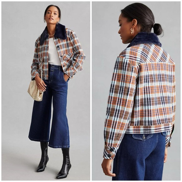 ANTHROPOLOGIE MAEVE Retro Plaid Faux Fur Collared Cotton Jacket Women’s L | Poshmark