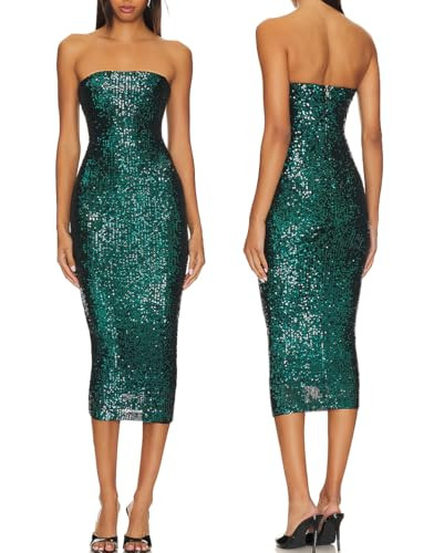 Capuffy Women Strapless Sequin Fantasy Midi Dress Sleeveless Tube Bodycon Club Dress Sparkly Glitter Cocktail Party Dress 77(Green,XS) | Amazon (US)