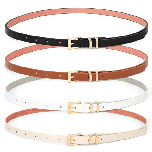 WHIPPY Set of 4 Women Skinny Belts Thin Leather Waist Belt with Square Buckle for Pants Jeans Dresses, Black/Brown/Beige/White, 0.51" W XL | Amazon (US)