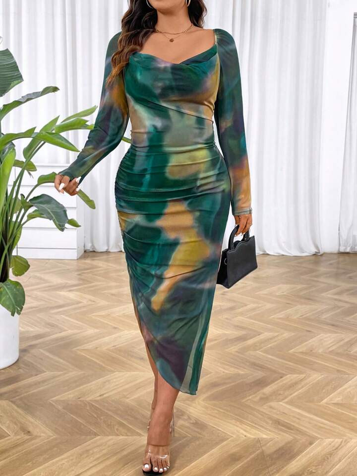 SHEIN Clasi Plus Size Ombre Pleated Long Sleeve Dress | SHEIN USA | SHEIN