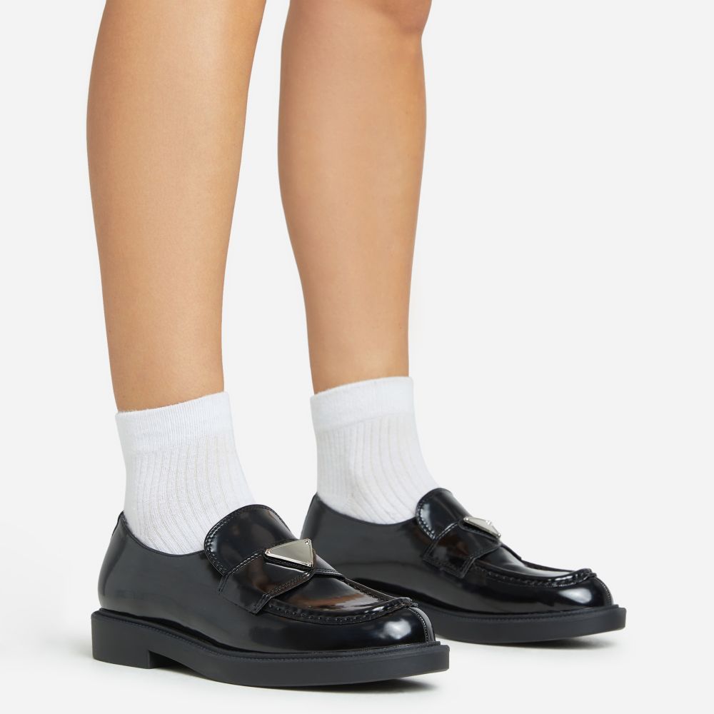 Werk-Ready Logo Detail Flat Loafer In Black Patent | Ego Shoes (UK)