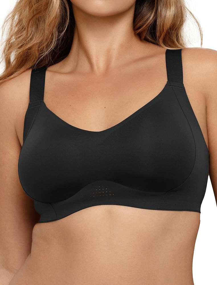 COMFELIE Seamless Wireless T-Shirt Bra, Women No Underwire Full Coverage V Neck Adjustable Straps... | Amazon (US)