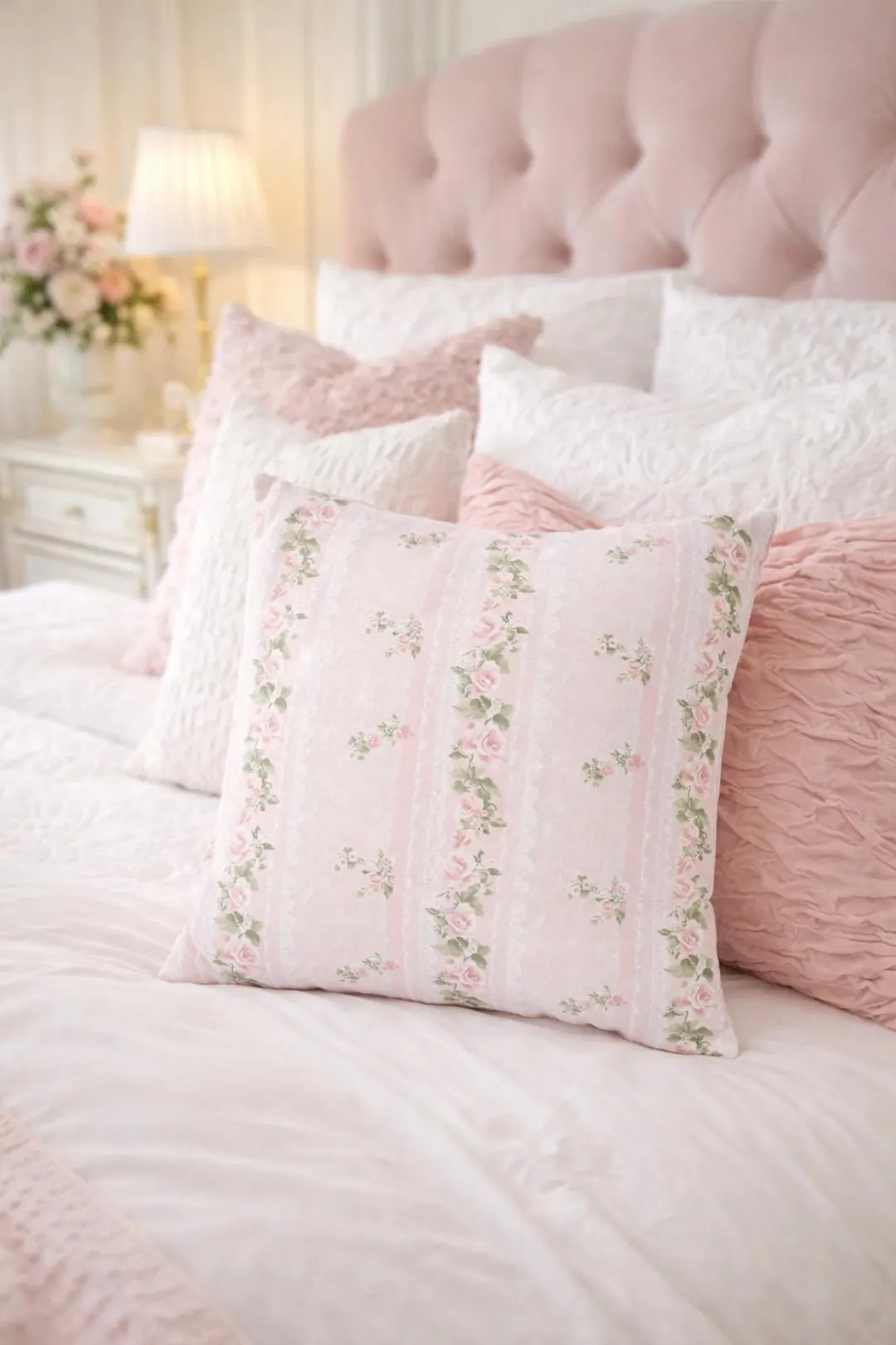 Vintage Rose Lace Pillow Cover, Shabby Chic Pink Floral Cottagecore Cushion Case, Romantic Femini... | Etsy (US)