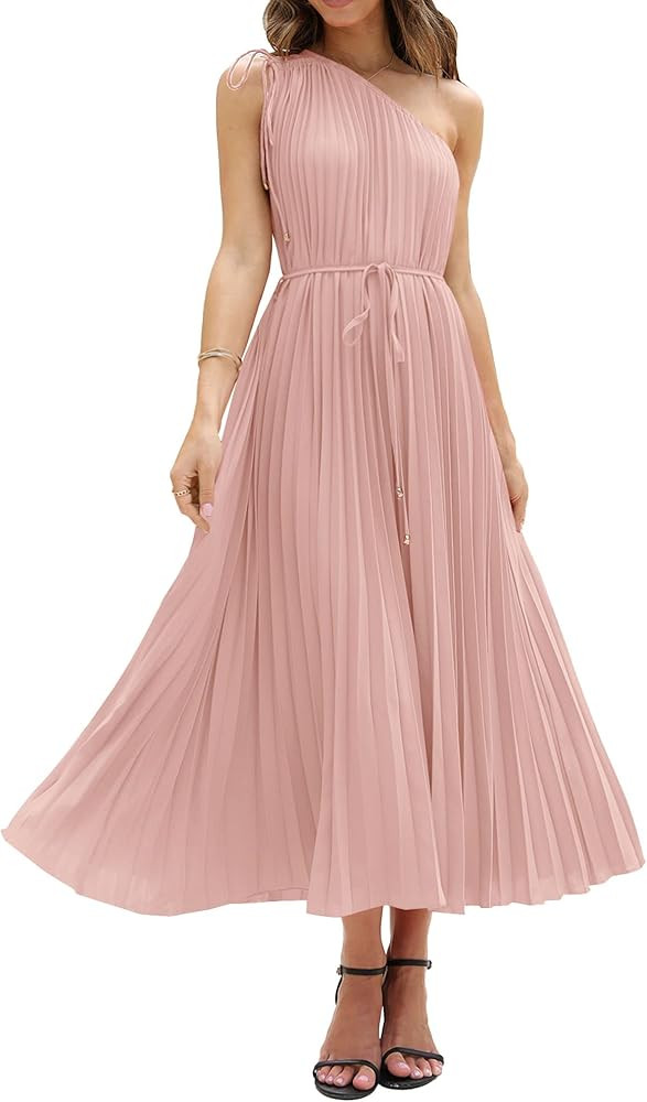 BTFBM Women's Drawstring One Shoulder Maxi Dresses Summer Sleeveless Tie Waist Pleated Long Flowy... | Amazon (US)