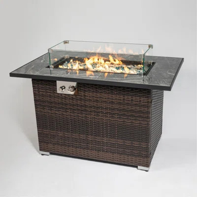 44" Propane Gas Fire Pit Table, 50000 BTU Rectangular Fire Pit, Tile Tabletop With Beautiful Wicker Base For Outside Patio Deck Garden Courtyard-Brown | Wayfair North America