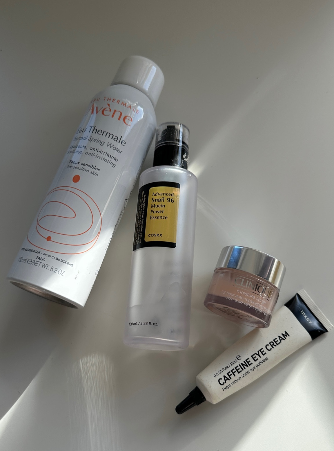 Winter skin care essentials for hydrated skin.

Keeping it simple with:
 - Avene thermal spring mist 
 - Cosrx snail mucin
 - Clinique moisturiser 
 - the inkey list caffeine eye cream 

#skincare #winterskincare 

#LTKSeasonal #LTKbeauty