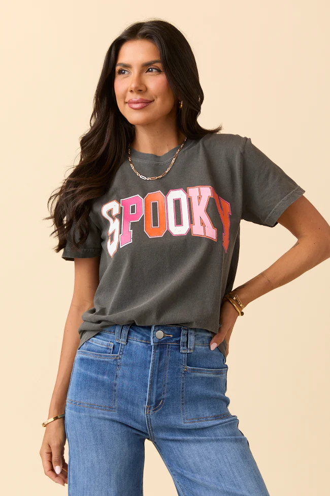 Multi Color Spooky Block Dark Grey Graphic Tee | Pink Lily