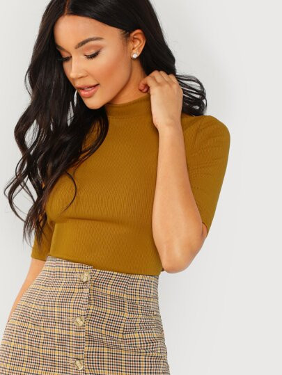 SHEIN Mock Neck Rib Knit Tee | SHEIN