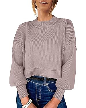 ANRABESS Womens Cropped Sweaters Oversized Crewneck Long Batwing Sleeve Side Slit Ribbed Knit Pul... | Amazon (US)
