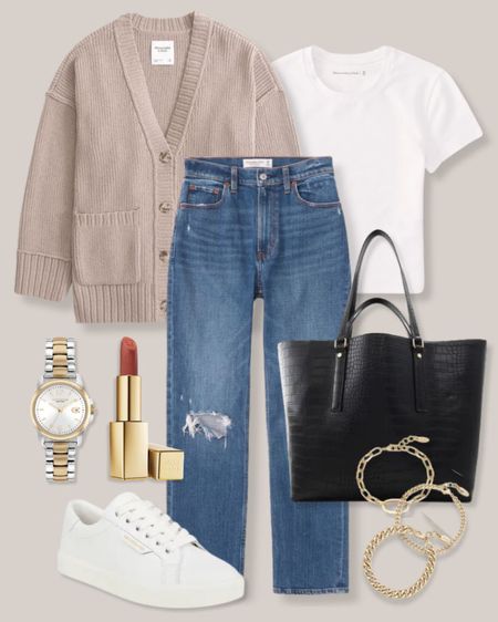 Beige cardigan
White t-shirt
High waisted jeans
Ripped jeans
Black tote bag
Gold bracelets
Pink lipstick
Silver watch
Gold watch
White sneakers
Smart casual outfit
Neutral outfit
Spring outfit
Transitional outfit

#LTKSeasonal #LTKworkwear #LTKfindsunder100
