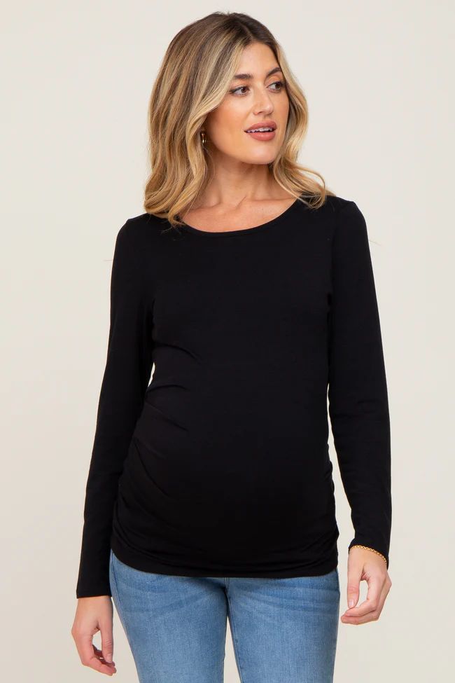 Black Ruched Side Long Sleeve Maternity Top | PinkBlush Maternity