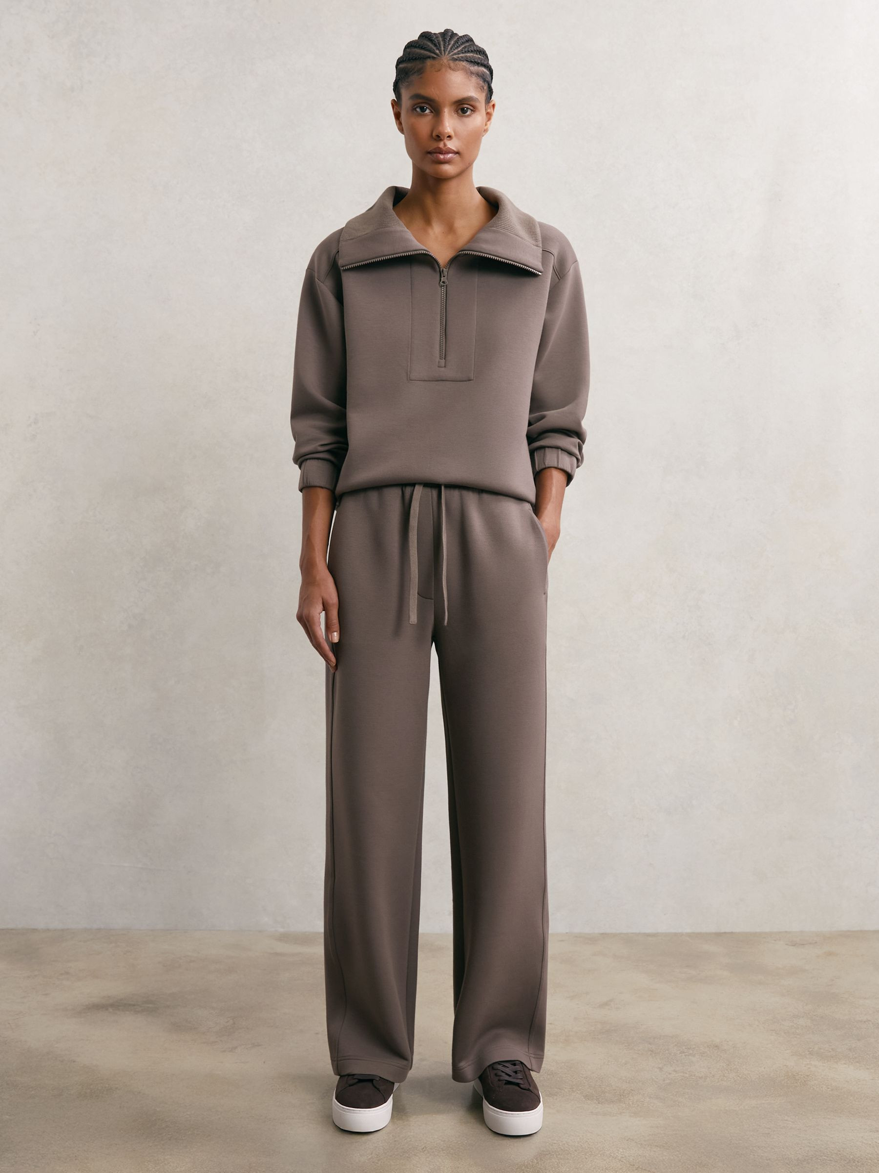 Reiss Premium Interlock Wide-Leg Joggers in Taupe Brown - REISS | Reiss UK