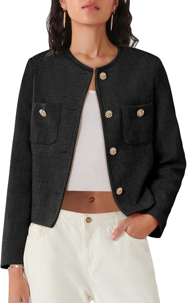Women's Tweed Blazers Long Sleeve Business Button Down Casual Cropped Blazer Jackets with Pockets | Amazon (US)