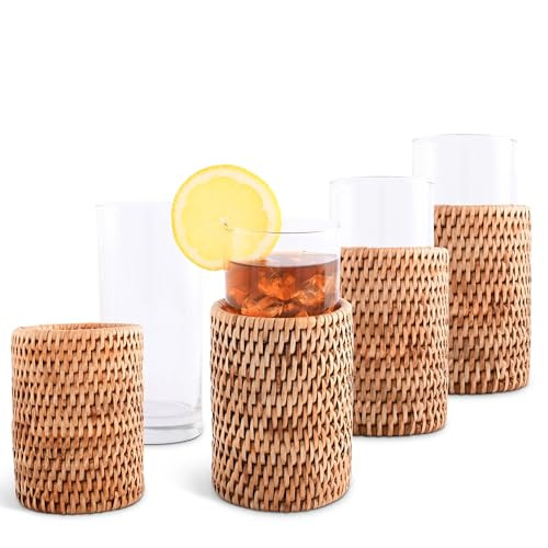Vagabond House Natural, Removable Glass Water/Juice Glasses Set of 4, Handmade, Tall 6 Inches, Perfect for Kitchen and Home, Covered with Hand Woven Wicker Rattan | Amazon (US)