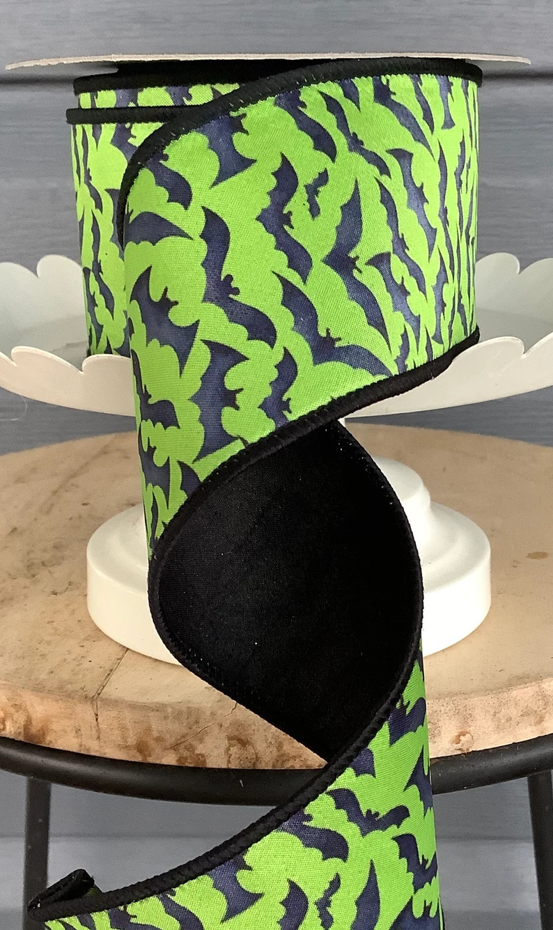 2.5 Inch Wired Farrisilk Ribbon, Halloween Bat Ribbon, Green Black Ribbon, Quality Wired Ribbon, ... | Etsy (US)