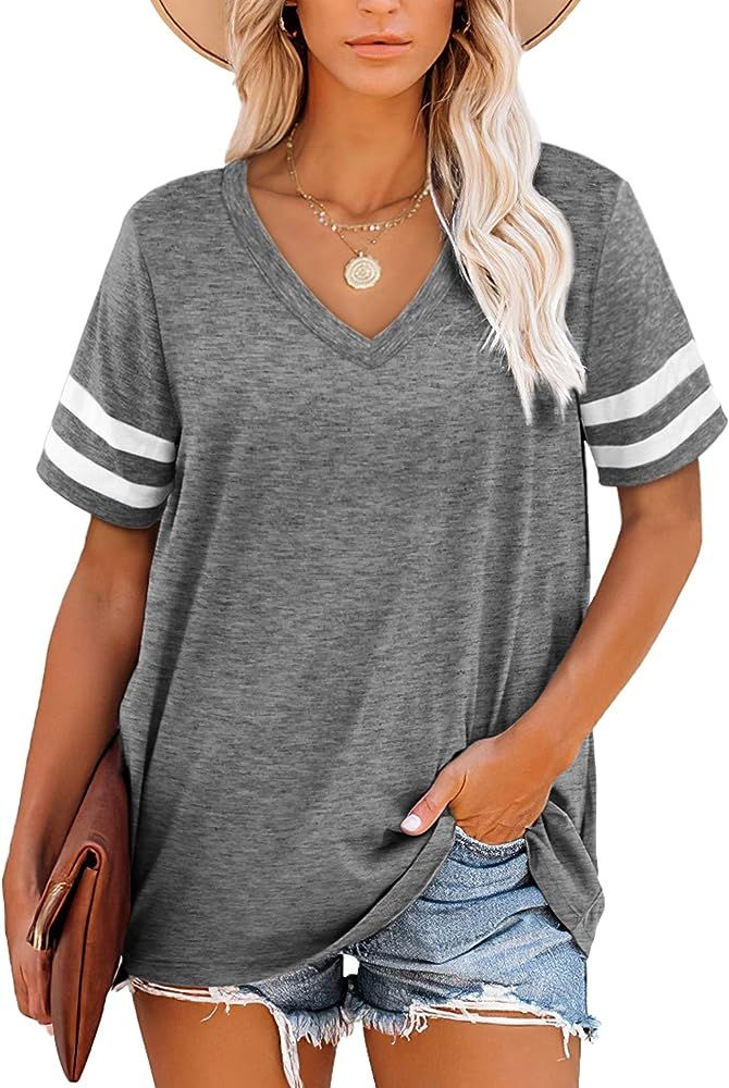 NSQTBA Womens T Shirts V Neck Striped Short Sleeve Tops Summer | Amazon (US)
