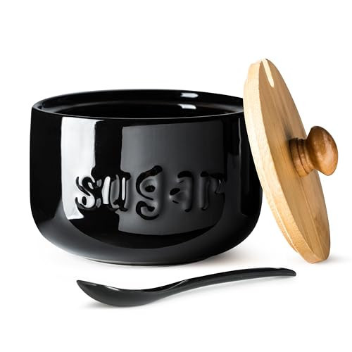 Sugar Bowl with Lid and Spoon, Sugar Holder, 17 OZ Sugar Jar, Sugar Container for Coffee Bar, Ceramic Jar with Lid, Sugar Bowls for Countertop, Food Storage Containers, Azucarera for Kitchen, Black | Amazon (US)