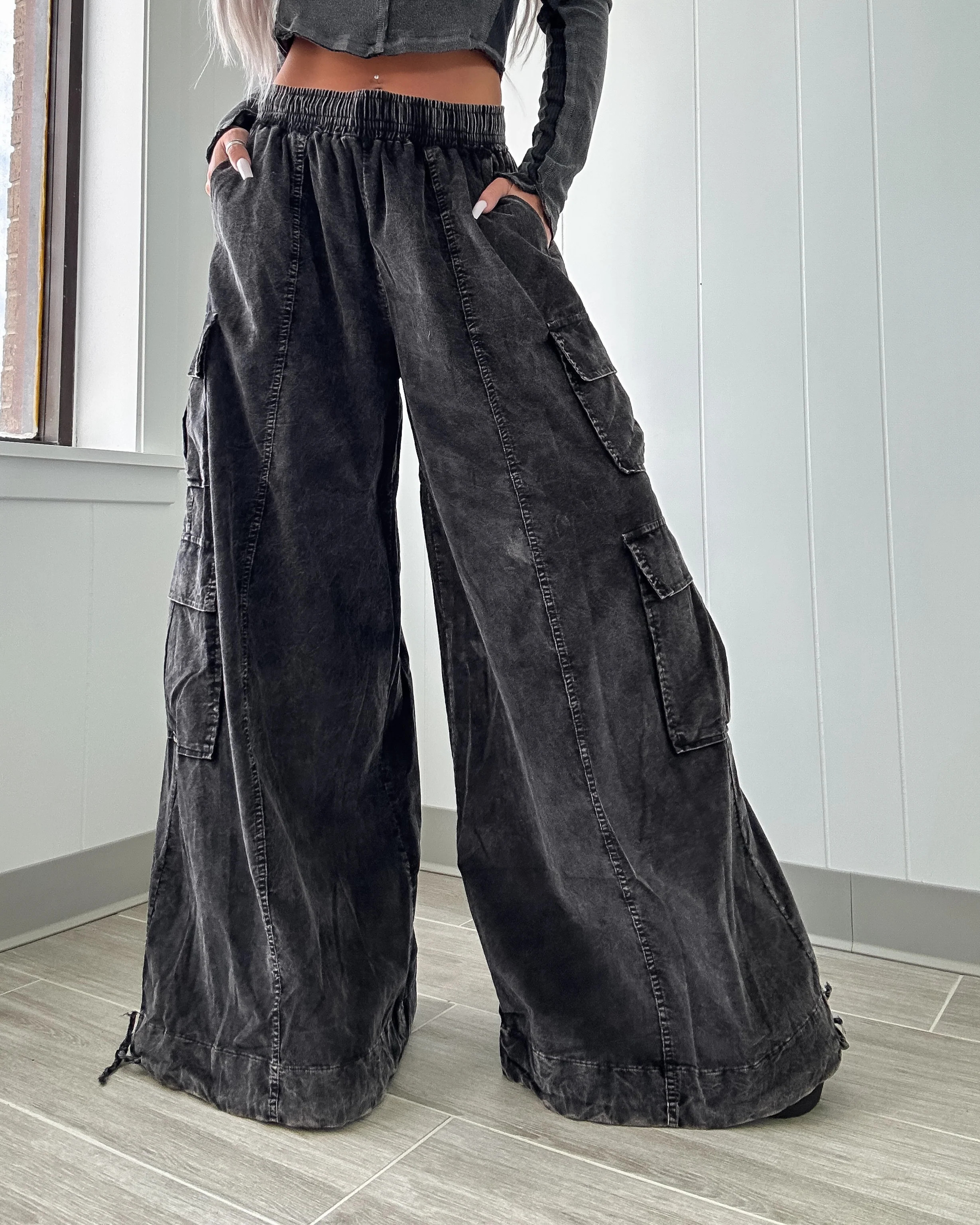 Camila Corduroy Cargo Wide Leg Pants - Black | Bar T Boutique
