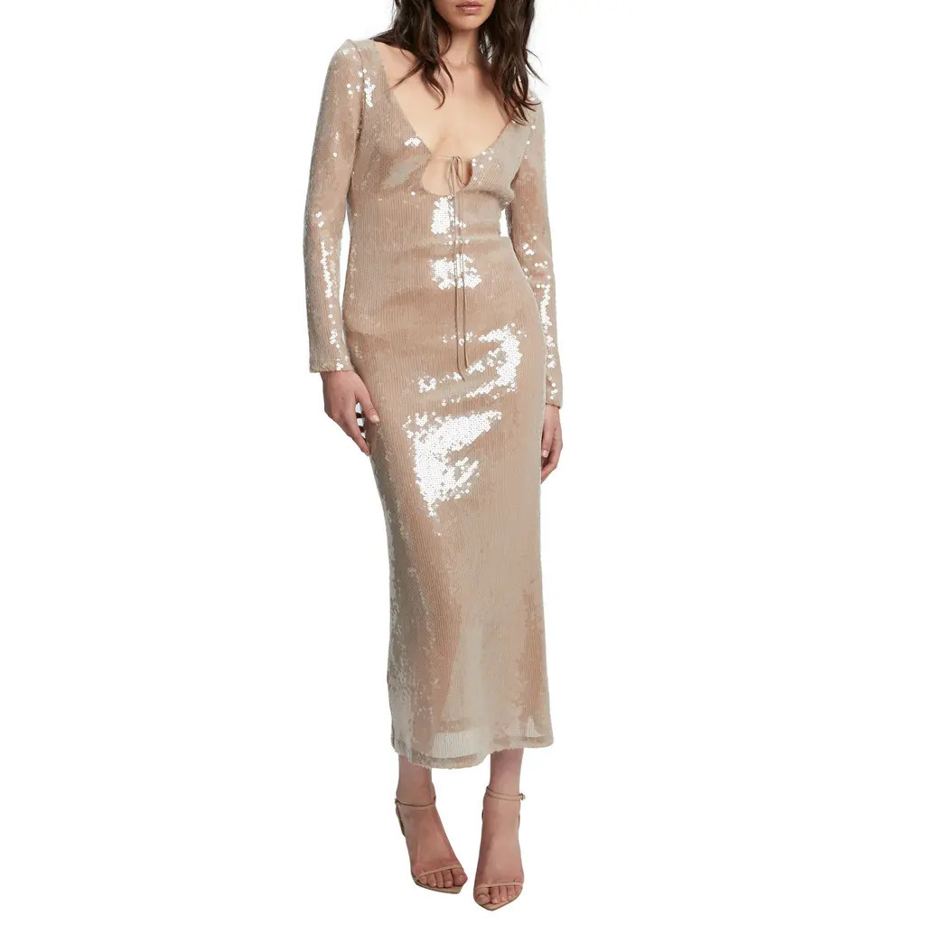 Bardot Verona Sequin Long Sleeve Maxi Dress in Beige at Nordstrom, Size 10 | Nordstrom