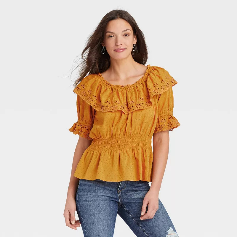 Women's Ruffle Short Sleeve Eyelet Peplum Blouse - Universal Thread™ | Target