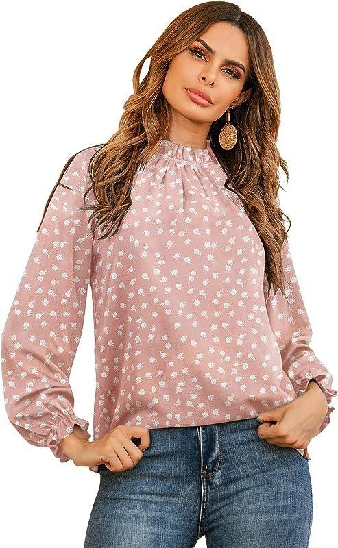 Women's Frill Mock Neck Flounce Long Sleeve Solid Blouse Office Shirt Top | Amazon (US)