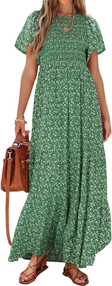 PRETTYGARDEN Women's 2024 Summer Casual Flutter Short Sleeve Boho Floral Maxi Dress Crew Neck Smo... | Amazon (US)