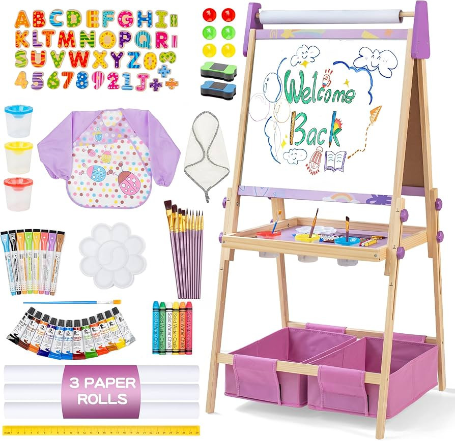 3-in-1 Adjustable Kids Art Easel Set, Height Adjustable Magnetic Whiteboard & Chalkboard with Pai... | Amazon (US)