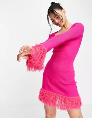 ASOS DESIGN knit mini dress with feather hem in pink | ASOS | ASOS (Global)