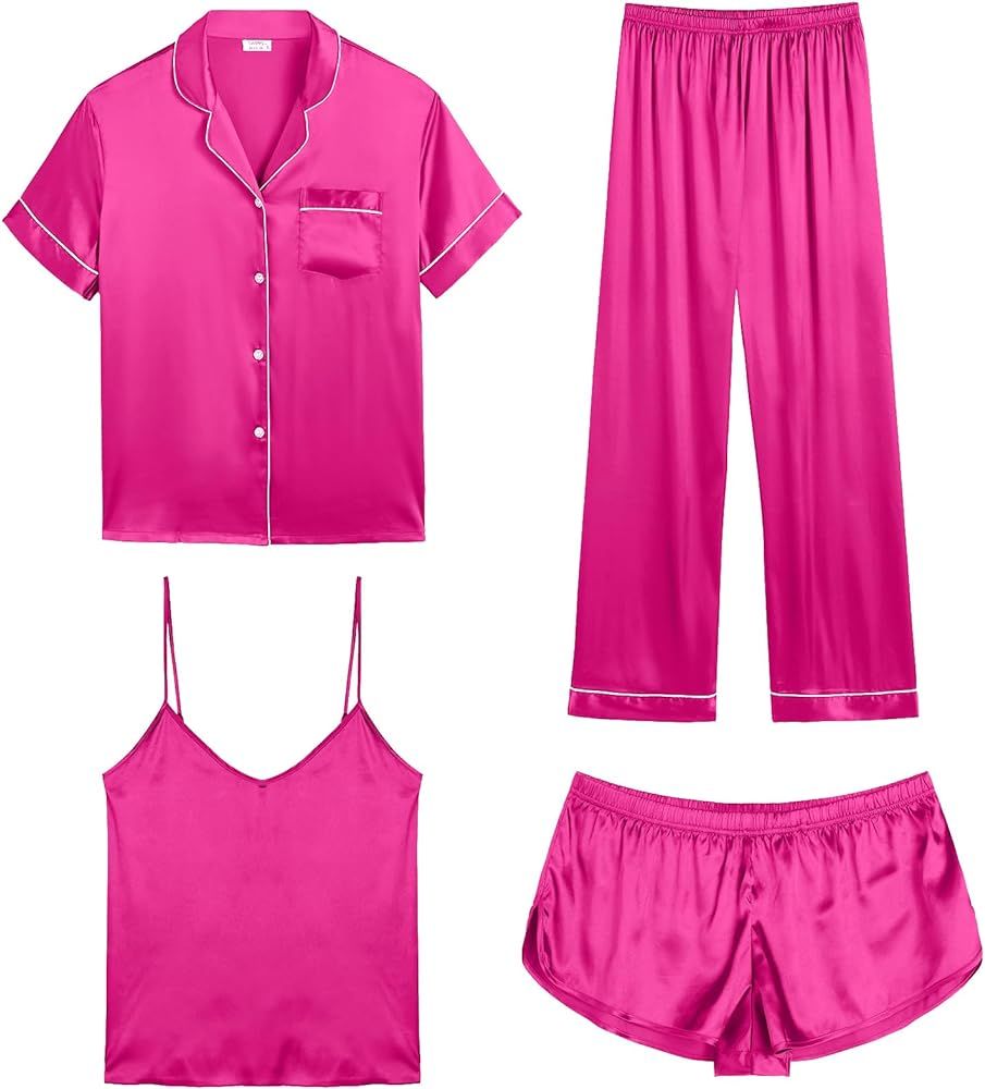 SWOMOG Womens 4pcs Pajamas Sets Silk Satin Sleepwear Sexy Cami with Button Down Short Sleeve Shir... | Amazon (US)
