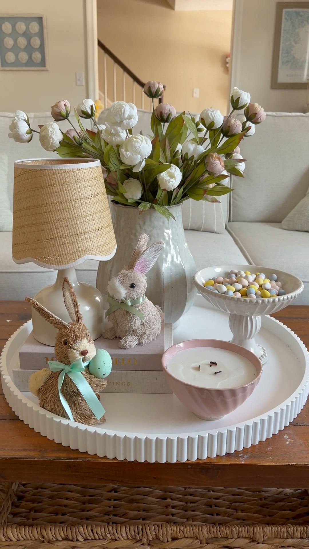 I am obsessed with my new rechargeable lamp with the scalloped rattan shade and had to put together a centerpiece to show it off. I love these soft colors and had to include my fave Cadbury eggs now that they’re back! 

#LTKSeasonal #LTKHome